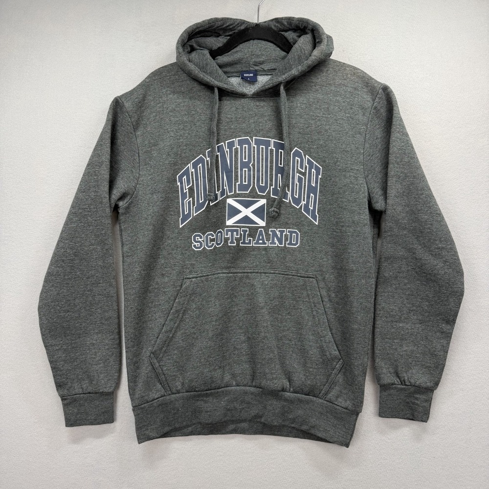 Edinburgh Scotland Hoodie Mens Large Heather Gray Fleece Pullover Sweatshirt